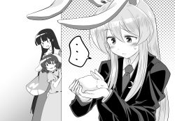 Rule 34 | ..., 3girls, :3, animal, animal ears, artist request, blazer, blush, carrot, carrot necklace, closed eyes, commentary request, crescent, crescent pin, dress, greyscale, hair between eyes, highres, holding, houraisan kaguya, in palm, inaba tewi, jacket, jewelry, long hair, mana (gooney), monochrome, multiple girls, necklace, necktie, open mouth, peeking out, pendant, rabbit, rabbit ears, rabbit tail, reisen udongein inaba, short hair, spoken ellipsis, sweat, sweatdrop, tail, touhou, wide sleeves