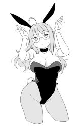 Rule 34 | 1girl, ahoge, alternate costume, animal ears, bow, bowtie, breasts, cleavage, cropped legs, detached collar, glasses, greyscale, heywood l. edwards (kancolle), kantai collection, large breasts, leotard, looking at viewer, monochrome, pantyhose, playboy bunny, rabbit ears, rabbit pose, rabbit tail, solo, tail, tamu (mad works), wrist cuffs