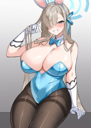 Rule 34 | 1girl, absurdres, animal ears, asuna (blue archive), asuna (bunny) (blue archive), bare shoulders, black pantyhose, blue archive, blue bow, blue bowtie, blue eyes, blue leotard, blue ribbon, bow, bowtie, breasts, cleavage, detached collar, elbow gloves, fake animal ears, gloves, gradient background, grey background, hair ornament, hair over one eye, hair ribbon, hairband, hand in own hair, hand up, highres, large breasts, leotard, looking at viewer, marumai, mole, mole on breast, one eye covered, pantyhose, parted lips, playboy bunny, rabbit ears, ribbon, simple background, smile, thighband pantyhose, thighs, white gloves, white hairband