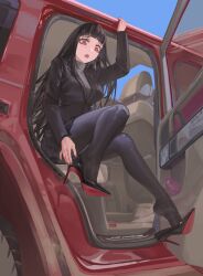 1girl absurdres black_hair black_pantyhose blue_archive car car_interior feet highres light_blush long_hair motor_vehicle open_mouth pantyhose red_eyes rio_(blue_archive) shoe_dangle steam yukiale