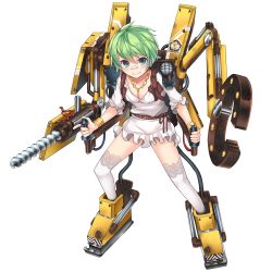Rule 34 | 1girl, bandaid, bandaid on face, bandaid on nose, belt, blue eyes, blush, bracelet, breasts, cleavage, engage knights, force of will, full body, green hair, jewelry, machinery, official art, short hair, simple background, solo, t-track, thighhighs, white background