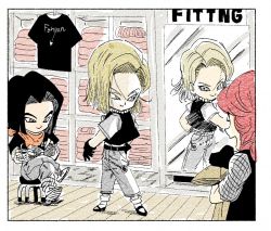 Rule 34 | 1boy, 2girls, android 17, android 18, bandana, black footwear, black gloves, black hair, black shirt, blonde hair, border, brother and sister, chair, chibi, clothes hanger, clothes writing, commentary request, crossed legs, denim, dragon ball, dragonball z, faceless, faceless female, fenyon, floating hair, full body, gloves, high-waist pants, holding, holding magazine, indoors, jeans, jewelry, long sleeves, magazine (object), mirror, multiple girls, neckerchief, necklace, open mouth, orange bandana, orange neckerchief, pants, pearl necklace, reading, red hair, reflection, shirt, shop, short hair, siblings, sitting, smile, standing, twins, twitter username, waiscoat, white border
