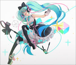 Rule 34 | 1girl, bare shoulders, black bow, black footwear, black pantyhose, black skirt, blue eyes, boots, bow, breasts, colored eyelashes, commentary, frilled skirt, frills, gloves, green hair, green necktie, hair between eyes, hair bow, hakusai (tiahszld), hatsune miku, headphones, long hair, magical mirai (vocaloid), magical mirai miku, magical mirai miku (2016), md5 mismatch, medium breasts, microphone, microphone stand, necktie, pantyhose, resolution mismatch, revision, shirt, short necktie, skirt, sleeveless, sleeveless shirt, solo, source larger, sparkle, symbol-only commentary, thigh boots, thighhighs, twintails, very long hair, vocaloid, white background, white gloves, white shirt, white thighhighs