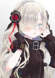 Rule 34 | 1girl, asymmetrical sleeves, black flower, black gloves, black hairband, black jacket, blonde hair, blue eyes, commentary request, crying, crying with eyes open, fingerless gloves, flower, gloves, grey background, hair flower, hair ornament, hair over one eye, hairband, hands up, high collar, highres, isekai joucho, jacket, kamitsubaki studio, kawai rou, lips, long hair, long sleeves, looking at viewer, multicolored hair, parted lips, red hair, short sleeves, single glove, solo, streaked hair, tears, uneven sleeves, upper body, virtual youtuber