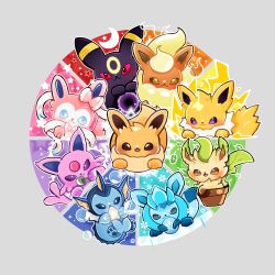 Rule 34 | absurdres, black sclera, blue eyes, brown eyes, bubble, color wheel challenge, colored sclera, creatures (company), crescent moon, eevee, espeon, evolutionary line, fire, flareon, flower, game freak, gen 1 pokemon, gen 2 pokemon, gen 4 pokemon, gen 6 pokemon, glaceon, highres, jolteon, leaf, leafeon, lightning, moon, multiple drawing challenge, nintendo, no humans, onicakeco, outline, pokemon, pokemon (creature), pottery, purple eyes, red sclera, snowflakes, star (symbol), sylveon, umbreon, vaporeon, white outline