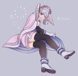 Rule 34 | 1girl, blush, cape, dress, full body, gloves, grey background, grey eyes, hat, head wings, highres, layered gloves, melia antiqua, mirin., one eye closed, open mouth, short dress, silver hair, simple background, solo, star (symbol), thighhighs, wince, wings, xenoblade chronicles (series), xenoblade chronicles 1