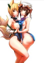 Rule 34 | 2girls, alternate costume, animal ears, ass, asymmetrical docking, bare arms, bare legs, bare shoulders, blonde hair, breast press, breasts, brown hair, cosplay, covered erect nipples, dearmybrothers, detached sleeves, fox ears, fox tail, from side, hand on another&#039;s hip, hat, headgear, highres, holding hands, kantai collection, large breasts, leotard, looking at viewer, mob cap, multiple girls, multiple tails, naked tabard, simple background, tabard, taihou (kancolle), taihou (kancolle) (cosplay), tail, touhou, yakumo ran, yakumo ran (cosplay)
