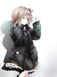 Rule 34 | 1girl, black skirt, black vest, blonde hair, coat, drop shadow, feet out of frame, gorilla (bun0615), hair between eyes, hand up, highres, light smile, looking to the side, medium hair, purple eyes, rumia, simple background, skirt, solo, touhou, vest, winter clothes