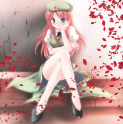 Rule 34 | 1girl, blue eyes, blush, breasts, embodiment of scarlet devil, female focus, flower, full body, gradient background, hat, hong meiling, long hair, namamo nanase, nature, outdoors, petals, plant, red hair, rose petals, skirt, solo, touhou