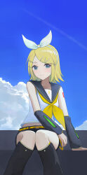 Rule 34 | 1girl, absurdres, belt, blonde hair, blue eyes, blush, bow, crop top, day, detached sleeves, dress, feet out of frame, hair bow, hair ornament, hairclip, highres, kagamine rin, kumare yuki, leg warmers, long sleeves, looking at viewer, midriff, neckerchief, outdoors, sailor collar, short hair, shorts, sitting, sky, sleeveless, sleeveless dress, smile, solo, vocaloid