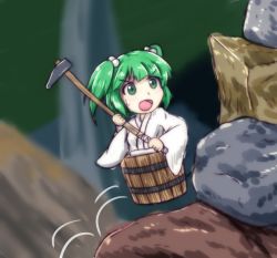 Rule 34 | 1girl, bucket, climbing, getting over it, green eyes, green hair, hair bobbles, hair ornament, hammer, japanese clothes, kisume, long sleeves, rock, short hair, sledgehammer, solo, sotomichi, sweat, touhou, two side up, wide sleeves