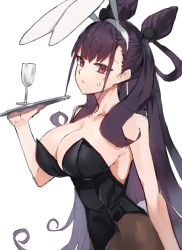 Rule 34 | 1girl, animal ears, bad id, bad pixiv id, black pantyhose, breasts, cleavage, collarbone, commentary request, cone hair bun, fake animal ears, fate/grand order, fate (series), hair bun, hair ornament, large breasts, leotard, long hair, looking at viewer, murasaki shikibu (fate), pantyhose, playboy bunny, rabbit ears, red eyes, simple background, solo, suminagashi, very long hair, white background