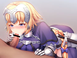 Rule 34 | 1boy, 1girl, armor, armored dress, bar censor, bent over, black thighhighs, blonde hair, blue eyes, blush, braid, breasts, breath, capelet, censored, clothed female nude male, cum, cum in mouth, dress, ejaculation, fate/apocrypha, fate (series), faulds, fellatio, gauntlets, grey background, headpiece, hetero, homewrecker, jeanne d&#039;arc (fate), jeanne d&#039;arc (ruler) (fate), large breasts, long braid, long hair, nose blush, nude, oral, penis, pink lips, purple dress, sheath, sheathed, single braid, sword, thighhighs, veins, veiny penis, very long hair, weapon