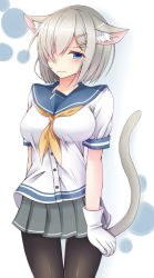 Rule 34 | 10s, 1girl, animal ears, arm behind back, bad id, bad pixiv id, black pantyhose, blue eyes, blush, breasts, cat ears, cat girl, cat tail, doyachii, embarrassed, female focus, gloves, hair ornament, hair over one eye, hairclip, hamakaze (kancolle), highres, kantai collection, kemonomimi mode, large breasts, pantyhose, pleated skirt, school uniform, serafuku, short hair, silver hair, simple background, skirt, solo, standing, tail, white gloves
