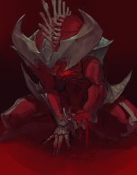 Rule 34 | 1boy, absurdres, blood, commentary typo, demon, fantasy, highres, horns, korean commentary, league of legends, lim donghyun, looking down, male focus, no humans, open hand, open mouth, red eyes, rhaast, solo, spine, squatting