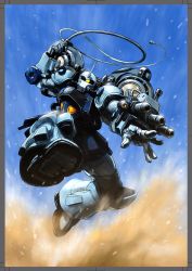 Rule 34 | arm cannon, gouf, gundam, gundam thunderbolt, highres, holding, holding whip, mecha, mobile suit, no humans, official art, ohtagaki yasuo, one-eyed, open hand, robot, sand, sky, solo, weapon, zeon