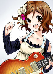 Rule 34 | 00s, 1girl, absurdres, brown eyes, brown hair, detached sleeves, don&#039;t say &quot;lazy&quot;, dress, female focus, fingerless gloves, gloves, guitar, highres, hirasawa yui, instrument, k-on!, mosho, plectrum, short hair, simple background, solo, white background