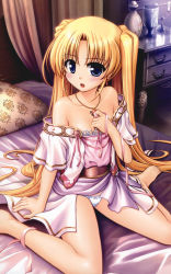 Rule 34 | 1girl, :o, absurdres, aiyoku no eustia, barefoot, bed, bekkankou, blonde hair, blue eyes, blush, bow, bow panties, highres, jewelry, licia de novus yurii, long hair, looking at viewer, necklace, nightstand, off shoulder, on bed, panties, pillow, ribbon, sitting, solo, twintails, underwear, very long hair, wariza, white panties