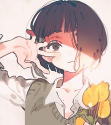 Rule 34 | 0 05kmgrn, 1girl, beige background, brown eyes, brown hair, brown sweater vest, closed mouth, collarbone, collared shirt, commentary request, flower, hair over one eye, hand up, highres, holding, holding flower, light smile, looking at viewer, one eye covered, original, shade, shirt, short hair, simple background, solo, sweater vest, tulip, upper body, white shirt, yellow flower