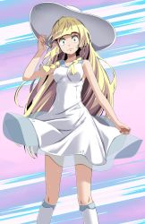 Rule 34 | 1girl, ahoge, bare arms, blonde hair, blue sailor collar, blunt bangs, braid, breasts, closed mouth, creatures (company), dress, floating hair, frown, game freak, green eyes, hair over shoulder, hat, highres, kneehighs, lillie (pokemon), long hair, looking at viewer, nintendo, pokemon, pokemon sm, sailor collar, sailor dress, scared, see-through, short dress, sleeveless, sleeveless dress, small breasts, socks, solo, standing, sun hat, sundress, sweatdrop, tsukishiro saika, twin braids, very long hair, white dress, white hat