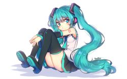 Rule 34 | armpits, ass, bare shoulders, blue eyes, blue hair, boots, breasts, chibi, frills, full body, gloves, hair ornament, hatsune miku, headphones, long hair, looking at viewer, necktie, sitting, small breasts, thighhighs, thighs, twintails, vocaloid, yumyum
