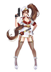 Rule 34 | &gt;:), 1girl, absurdres, aiguillette, belt pouch, beret, bikini, bikini top only, boots, breasts, brown hair, cleavage, closed mouth, coat, collarbone, cross-laced footwear, fingerless gloves, full body, garter straps, gloves, gun, handgun, hat, high ponytail, highres, holding, holding gun, holding weapon, karmiel, lace-up boots, long hair, looking at viewer, medium breasts, military, military uniform, original, pouch, red bikini, red eyes, see-through, see-through legwear, simple background, single glove, smile, solo, standing, swimsuit, thighhighs, uniform, v-shaped eyebrows, very long hair, weapon, white background, white footwear, white gloves