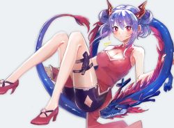 Rule 34 | 1girl, arknights, bare arms, bare legs, bare shoulders, black shorts, blue hair, breasts, ch&#039;en (ageless afterglow) (arknights), ch&#039;en (arknights), character name, china dress, chinese clothes, cleavage, cleavage cutout, clothing cutout, commentary, double bun, dragon, dragon horns, dragon tail, dress, eastern dragon, grey background, hair between eyes, hair bun, high heels, highres, horns, knees up, long hair, looking at viewer, medium breasts, official alternate costume, red dress, red eyes, red footwear, samiya (hanakoro), short shorts, shorts, sidelocks, simple background, sleeveless, sleeveless dress, solo, symbol-only commentary, tail, thighs
