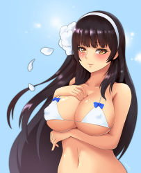 Rule 34 | 1girl, bad id, bad pixiv id, bare arms, bare shoulders, bikini, bikini top only, bloody0rabby, blue background, blue bow, blunt bangs, blush, bow, breast hold, breasts, brown eyes, brown hair, cleavage, closed mouth, collarbone, covered erect nipples, flower, girls&#039; frontline, hair flower, hair ornament, hairband, hand on own chest, large breasts, long hair, looking at viewer, navel, petals, signature, simple background, smile, solo, stomach, swimsuit, type 95 (girls&#039; frontline), upper body, very long hair, white bikini, white hairband