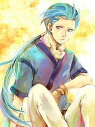 Rule 34 | 1boy, blue eyes, blue hair, chester burklight, gloves, long hair, male focus, matching hair/eyes, ponytail, sitting, solo, tales of (series), tales of phantasia, yellow background, yoi (yutd)