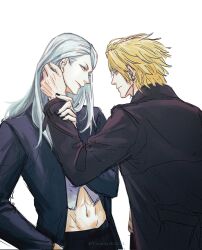 Rule 34 | 2boys, alternate hair color, artist name, black coat, black jacket, black nails, black pants, blonde hair, blue eyes, coat, cowboy shot, daybit sem void, fate/grand order, fate (series), flapper shirt, hand in pocket, hand on another&#039;s face, highres, jacket, long hair, long sleeves, looking at another, male focus, midriff, multiple boys, navel, no eyewear, open clothes, open jacket, pants, profile, purple eyes, shirt, short hair, simple background, smile, tezcatlipoca (fate), thunderkalel, trench coat, white background, white hair, white shirt