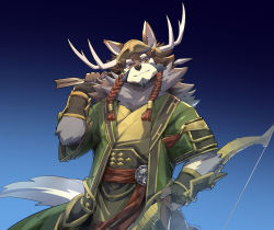 Rule 34 | 1boy, animal ears, antlers, arrow (projectile), bara, blue background, bow (weapon), braid, brown eyes, brown fur, brown hair, closed mouth, coat, deer antlers, furry, furry male, gradient background, hair between eyes, hand up, highres, holding, holding arrow, holding bow (weapon), holding weapon, horns, male focus, mongolian clothes, relax lion, smile, solo, tail, tassel, temujin (housamo), thick eyebrows, tokyo houkago summoners, tusks, upper body, weapon, wolf boy, wolf ears, wolf tail