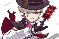 Rule 34 | 1boy, black gloves, blouse, bow, bowtie, card, genshin impact, gloves, grey hair, hat, highres, lyney (genshin impact), male focus, playing card, red bow, red bowtie, shirt, short hair, smile, solo, teardrop tattoo, top hat, upper body, yoruhachi