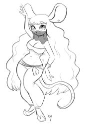 Rule 34 | 1girl, absurdres, animal ears, arabian clothes, bare shoulders, bracelet, breasts, character request, cleavage, commentary, earrings, eyelashes, furry, furry female, greyscale, highres, iseenudepeople, jewelry, large breasts, long hair, midriff, mole, mole under eye, monochrome, mouse (animal), mouse ears, mouse tail, navel, simple background, sketch, smile, solo, standing, tail, veil, very long hair, wavy hair, white background