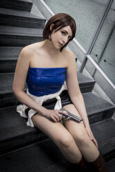 Rule 34 | 1girl, agentsheenah, bare shoulders, breasts, brown hair, clothes around waist, cosplay, gun, highres, jill valentine, jill valentine (cosplay), looking at viewer, medium breasts, real life, resident evil, resident evil 3: nemesis, short hair, sitting, skirt, sleeveless, stairs, sweater, sweater around waist, thighs, weapon