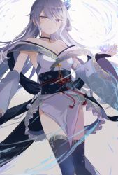 Rule 34 | 1girl, bare shoulders, braid, breasts, choker, cleavage, commentary, crystal, detached sleeves, dress, frilled dress, frills, grey eyes, grey hair, hair ornament, huuyu 1z, japanese clothes, long hair, mafuyu (shironeko project), obi, parted lips, sash, shironeko project, solo, thighhighs