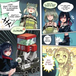 Rule 34 | 3girls, angry, animal ears, arknights, black hair, blue eyes, cameo, capsule, closure (arknights), commentary, dark, disguise, dress, english text, engrish text, gacha, gashapon, glaring, green dress, green hair, hm (hmongt), kal&#039;tsit (arknights), kroos (arknights), lancet-2 (arknights), material growth, multiple girls, off-shoulder jacket, off shoulder, oripathy lesion (arknights), pointy ears, ranguage, robot, speech bubble, stethoscope, vampire, watermark, web address