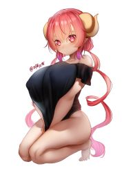 Rule 34 | 1girl, black shirt, bottomless, breasts squeezed together, breasts, covered erect nipples, gradient hair, highres, horns, huge breasts, ilulu (maidragon), kneeling, kobayashi-san chi no maidragon, long hair, looking at viewer, low twintails, multicolored hair, pink hair, pointy ears, red eyes, red hair, see-through silhouette, shirt, shirt tug, simple background, solo, twintails, twitter username, white background, zasshu