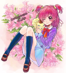 Rule 34 | 1girl, ;), aki (na uup), bad id, bad pixiv id, black socks, blue dress, blush, bow, brown footwear, character name, closed eyes, closed mouth, coco (yes! precure 5), creature, dress, floral background, flower, kneehighs, one eye closed, pink eyes, pink hair, precure, purple skirt, red bow, school uniform, shoes, short hair, short twintails, skirt, smile, socks, squirrel, tulip, twintails, two side up, yes! precure 5, yumehara nozomi