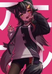 Rule 34 | 1girl, absurdres, animal (vocaloid), animal ear fluff, animal ears, black choker, black hair, black hoodie, black nails, blush, brown eyes, choker, commentary request, facepaint, hair between eyes, highres, hololive, hood, hoodie, inaba teitoku, long hair, long sleeves, looking at viewer, multicolored hair, nail polish, ookami mio, ookami mio (casual), open mouth, pantyhose, red hair, short shorts, shorts, sleeves past wrists, solo, streaked hair, tail, two-tone hoodie, very long hair, virtual youtuber, vocaloid, white hoodie, wolf ears, wolf girl, wolf tail