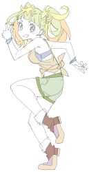 Rule 34 | 1girl, absurdres, bad id, bad twitter id, bare shoulders, blue bra, blue eyes, bra, brown footwear, copyright request, donguri suzume, from side, full body, green hair, green shorts, grin, hand up, heterochromia, high heels, highres, looking at viewer, looking to the side, orange eyes, orange hair, shirt, shorts, simple background, sketch, smile, solo, tied shirt, twintails, underwear, w, white background, wristband