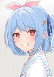 Rule 34 | 1girl, animal ears, blue hair, blush, carrot hair ornament, choker, commentary, dress, extra ears, food-themed hair ornament, from side, grin, hair ornament, hairclip, highres, hololive, looking at viewer, multicolored hair, official alternate costume, official alternate hair length, official alternate hairstyle, rabbit-shaped pupils, rabbit ears, red eyes, sailor collar, sailor dress, short hair, sidelocks, smile, solo, swept bangs, symbol-shaped pupils, thick eyebrows, two-tone hair, upper body, usada pekora, usada pekora (4th costume), virtual youtuber, white choker, white hair, white sailor collar, zinkaa