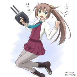 Rule 34 | 10s, 1girl, :d, aqua necktie, bad id, bad pixiv id, blue eyes, blush, boots, brown hair, clenched hand, commentary request, cross-laced footwear, dated, grey pantyhose, hair ornament, hair ribbon, heart, kantai collection, kazagumo (kancolle), lace-up boots, long hair, long sleeves, looking at viewer, machinery, necktie, open mouth, pantyhose, pleated skirt, ponytail, ribbon, school uniform, simple background, skirt, smile, solo, spaghe (kyoumospaghe), translation request, turret, twitter username