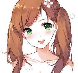 Rule 34 | 1girl, :d, alternate hairstyle, bare shoulders, blush, breasts, brown hair, caidychen, caidychen&#039;s green-eyed girl, circle, cleavage, collarbone, flower, green eyes, hair flower, hair ornament, image sample, long hair, open mouth, original, parted bangs, portrait, simple background, small breasts, smile, solo, twintails, wavy hair, white background