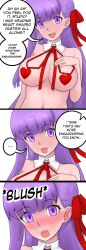 Rule 34 | 1girl, absurdres, bb (fate), bb (fate) (all), bb (swimsuit mooncancer) (fate), blush, breasts, collarbone, detached collar, fate/extra, fate/extra ccc, fate/grand order, fate (series), hair ribbon, hand on own chest, heart pasties, highres, large breasts, long hair, looking at viewer, navel, neck ribbon, open mouth, pasties, purple eyes, purple hair, raskasar, red ribbon, ribbon, simple background, stomach, tearing up, white background