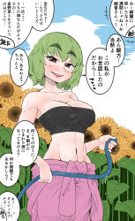 Rule 34 | 1girl, alternate costume, bandeau, blue sky, blush, bra, breasts, cleavage, clothes around waist, cloud, collarbone, cowboy shot, day, eyebrows, flower, garden of the sun, green hair, highres, hip focus, hose, jumpsuit, kazami yuuka, looking at viewer, medium breasts, muscular, naughty face, no panties, short hair, sky, solo, strapless, strapless bra, sunflower, sweat, takeu, thick eyebrows, toned, touhou, translation request, underwear, water drop