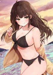 Rule 34 | 1girl, :q, absurdres, bikini, bikini under clothes, black bikini, blush, breasts, brown eyes, brown hair, brown jacket, cleavage, closed mouth, cloud, collarbone, commentary request, front-tie bikini top, front-tie top, groin, highres, jacket, long hair, long sleeves, looking at viewer, medium breasts, navel, off shoulder, open clothes, open jacket, original, outdoors, racchi., side-tie bikini bottom, smile, solo, sunset, swimsuit, tongue, tongue out, very long hair, water