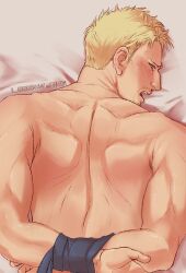 Rule 34 | 1boy, back, back focus, bara, blonde hair, blush, bound, bound wrists, facial hair, goatee stubble, kasch (kaschgmoney), lying, male focus, mustache stubble, nude, on bed, on stomach, profile, reiner braun, shingeki no kyojin, short hair, solo, stubble, toned, toned male, upper body