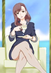 Rule 34 | 1girl, bare shoulders, blue sky, blue suit, bones (company), breasts, brown eyes, brown hair, buttons, chair, cloud, cloudy sky, crossed legs, cup, feet out of frame, female focus, formal, godzilla (series), godzilla singular point, highres, jewelry, kanoko yukie, lips, long hair, looking at viewer, miniskirt, mole, mole under eye, necklace, ocean, on chair, orange (company), sitting, skirt, sky, smile, solo, suit, tea, teacup, thick thighs, thighhighs, thighs, toho, watch, window