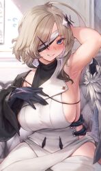 1girl absurdres ahoge arm_behind_head armpits black_gloves black_hair black_jacket black_shirt blonde_hair blue_eyes blush breasts brunhilde_(roeror_no_geninjou) coffee colored_inner_hair cross-shaped_pupils eyepatch flying_sweatdrops gloves gradient_hair hand_on_own_chest highres huge_ahoge indoors jacket large_breasts looking_at_viewer low_wings multicolored_hair nose_blush padoruu parted_lips presenting_armpit purple_hair roeror_no_geninjou shirt short_hair sideboob sideless_dress single_glove sitting skindentation sleeveless sleeveless_shirt solo sweat symbol-shaped_pupils turtleneck wings