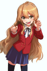 Rule 34 | 1girl, :d, aisaka taiga, black thighhighs, blazer, blush, brown eyes, buttons, chinese commentary, claw pose, commentary, cowboy shot, double-breasted, dress shirt, fangs, hair between eyes, highres, jacket, light brown hair, long hair, looking at viewer, maf chen, neck ribbon, oohashi high school uniform, open mouth, purple skirt, red jacket, ribbon, school uniform, shirt, simple background, skirt, smile, solo, teeth, thighhighs, toradora!, v-shaped eyebrows, very long hair, white background, white shirt, zettai ryouiki